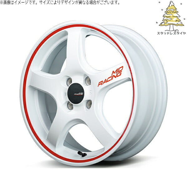 輸入スタッドレスタイヤ（銘柄指定不可） 165/60R15 ＋ MIDレーシング R50 ホワイト/リムレッドライン 15インチ 5J +45 4H100P ホイール4本セット。1枚目。