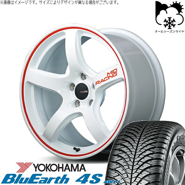 ヨコハマタイヤ ブルーアース4S AW21 225/55R17 ＋ MIDレーシング R50 ホワイト/リムレッドライン 17インチ 7J +48 5H114.3P オールシーズン・ホイール4本セット。1枚目。