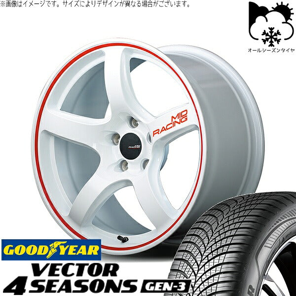 グッドイヤー ベクター4シーズンズ GEN-3 225/55R17 ＋ MIDレーシング R50 ホワイト/リムレッドライン 17インチ 7J +48 5H114.3P オールシーズン・ホイール4本セット。1枚目。