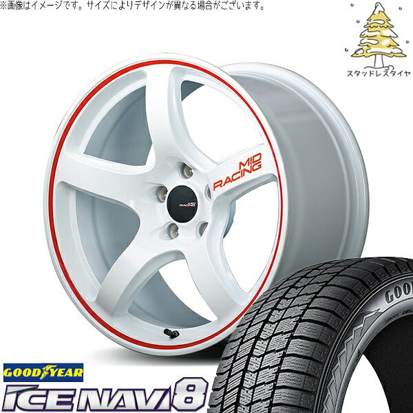 グッドイヤー アイスナビ エイト (ICENAVI8) 215/45R17 ＋ MIDレーシング R50 ホワイト/リムレッドライン 17インチ 7.0J +48 5H114.3P スタッドレス・ホイール4本セット。1枚目。