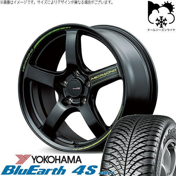 ヨコハマタイヤ ブルーアース4S AW21 205/50R17 ＋ MIDレーシング R50 タイプS セミグロスブラック 17インチ 7J +48 5H100P オールシーズン・ホイール4本セット。1枚目。