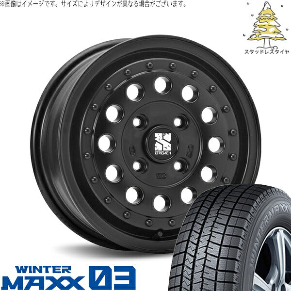 ダンロップ ウィンターマックス03 165/65R14 ＋ エクストリームJ ラギッド サテンブラック 14インチ 5J +35 4H100P スタッドレス・ホイール4本セット。1枚目。