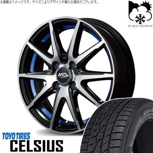 トーヨータイヤ セルシアス 215/60R17 ＋ MIDホイール RX02 ブラックポリッシュ/ブルー 17インチ 7J +50 5H114.3P オールシーズン・ホイール4本セット。1枚目。