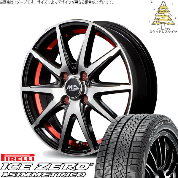 ピレリ アイスゼロアシンメトリコ 195/65R16 ＋ MIDホイール RX02 ブラックポリッシュ/レッド 16インチ 6J +42 4H100P スタッドレス・ホイール4本セット。1枚目。