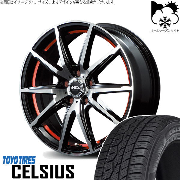 トーヨータイヤ セルシアス 215/65R16 ＋ MIDホイール RX02 ブラックポリッシュ/レッド 16インチ 6.5J +48 5H114.3P オールシーズン・ホイール4本セット。1枚目。