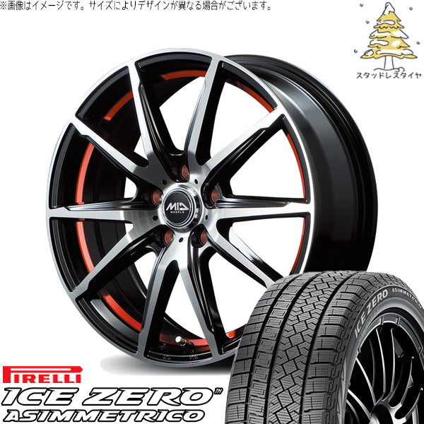 ピレリ アイスゼロアシンメトリコ 205/65R16 ＋ MIDホイール RX02 ブラックポリッシュ/レッド 16インチ 6.5J +38 5H114.3P スタッドレス・ホイール4本セット。1枚目。