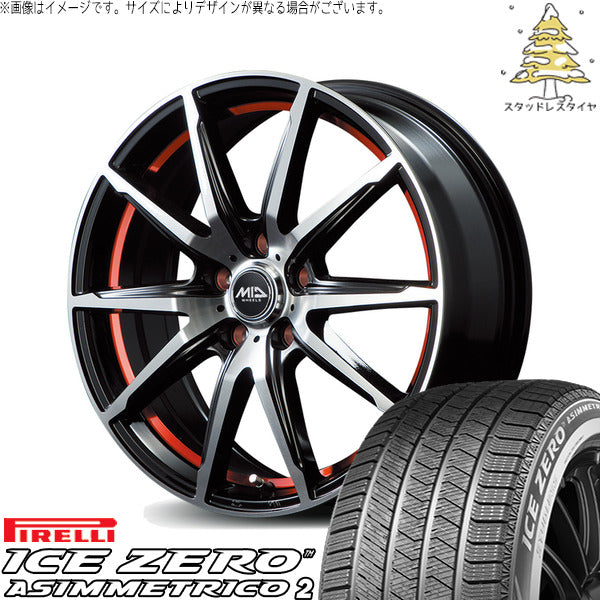 ピレリ アイスゼロアシンメトリコ2 225/50R18 ＋ MIDホイール RX02 ブラックポリッシュ/レッド 18インチ 8J +45 5H114.3P スタッドレス・ホイール4本セット。1枚目。