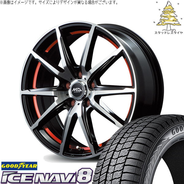 グッドイヤー アイスナビ8 215/65R16 ＋ MIDホイール RX02 ブラックポリッシュ/レッド 16インチ 6.5J +38 5H114.3P スタッドレス・ホイール4本セット。1枚目。