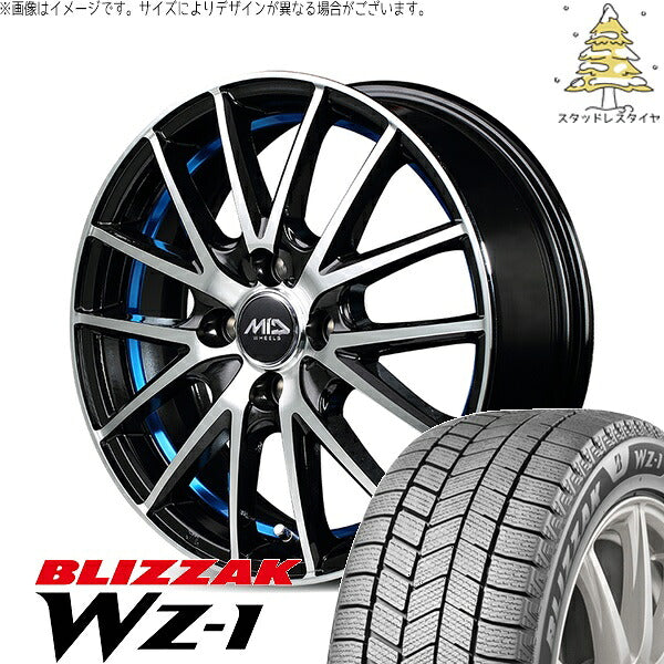 ブリヂストン ブリザック WZ-1 175/65R15 ＋ MIDホイール RX27 ブラックメタリックポリッシュ/アンダーカットブルー 15インチ 5.5J +43 4H100P スタッドレス・ホイール4本セット。1枚目。
