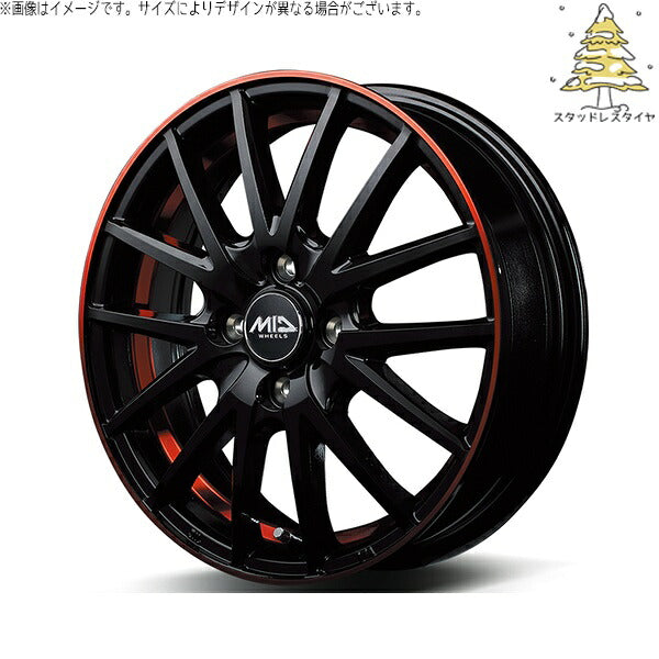 輸入スタッドレスタイヤ（銘柄指定不可） 185/55R15 ＋ MIDホイール RX27 ブラックリム/アンダーカットポリッシュ/レッド 15インチ 5.5J +43 4H100P ホイール4本セット。1枚目。