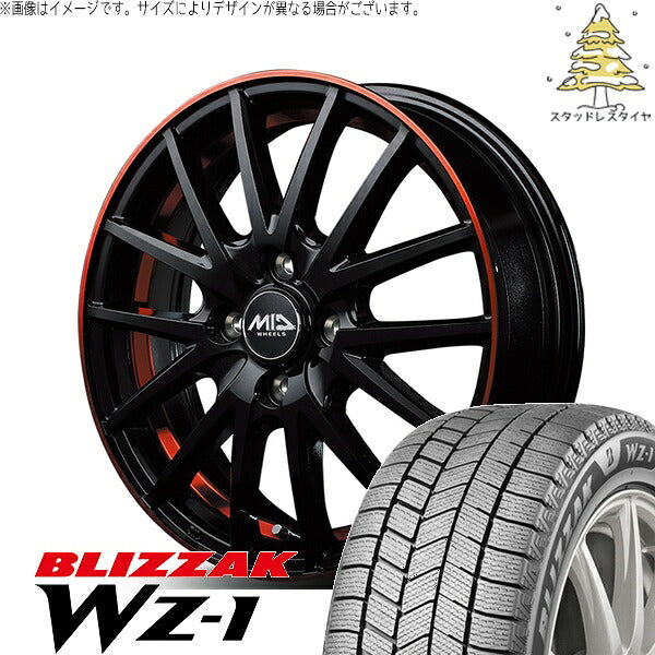 ブリヂストン ブリザック WZ-1 165/65R14 ＋ MIDホイール RX27 ブラックリム/アンダーカットポリッシュ/レッド 14インチ 4.5J +45 4H100P スタッドレス・ホイール4本セット。1枚目。