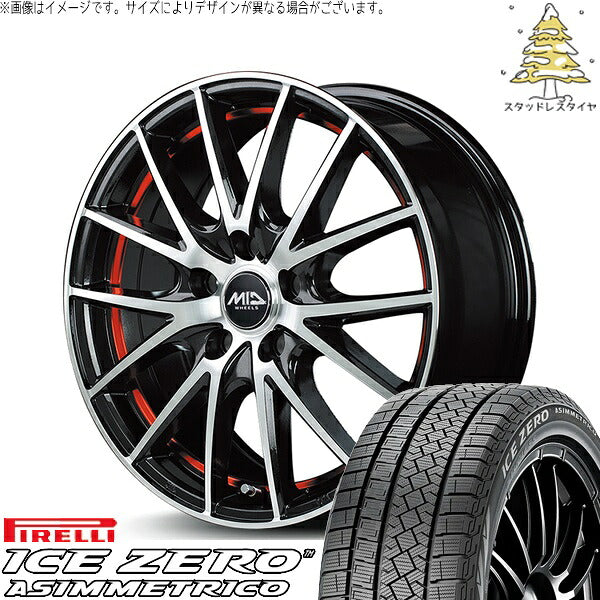 ピレリ アイスゼロアシンメトリコ 215/55R17 ＋ MIDホイール RX27 ブラックメタリックポリッシュ/アンダーカットレッド 17インチ 7J +50 5H100P スタッドレス・ホイール4本セット。1枚目。