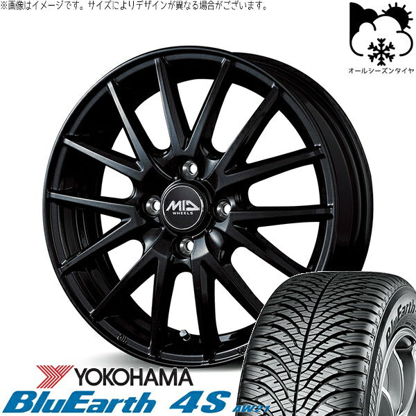 ヨコハマタイヤ ブルーアース4S AW21 165/55R15 ＋ MIDホイール SQ27 メタリックブラック 15インチ 5.5J +43 4H100P オールシーズン・ホイール4本セット。1枚目。