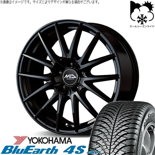 ヨコハマタイヤ ブルーアース4S AW21 245/40R18 ＋ MIDホイール SQ27 メタリックブラック 18インチ 8J +42 5H114.3P オールシーズン・ホイール4本セット。1枚目。