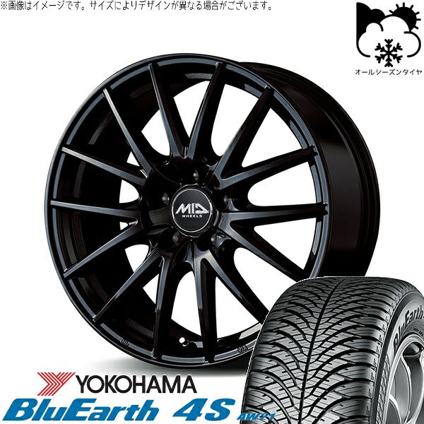 ヨコハマタイヤ ブルーアース4S AW21 225/55R17 ＋ MIDホイール SQ27 メタリックブラック 17インチ 7J +50 5H100P オールシーズン・ホイール4本セット。1枚目。