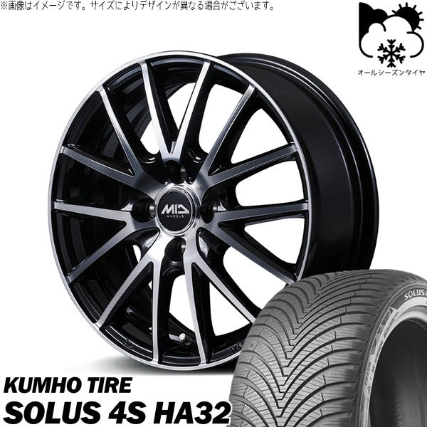 クムホ SOLUS 4S HA32 185/60R15 ＋ MIDホイール SQ27 BP ブラックポリッシュ 15インチ 5.5J +50 4H100P オールシーズン・ホイール4本セット。1枚目。