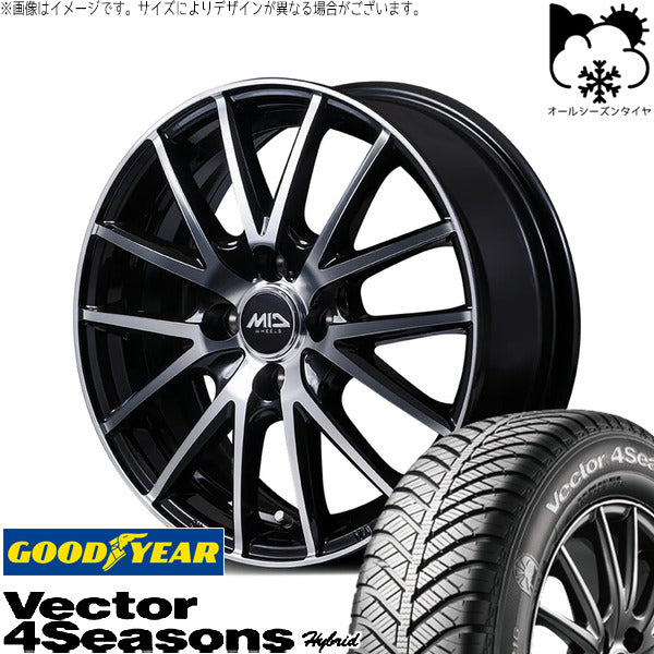 グッドイヤー ベクター4シーズンズ ハイブリッド 165/50R15 ＋ MIDホイール SQ27 BP ブラックポリッシュ 15インチ 5.5J +43 4H100P オールシーズン・ホイール4本セット。1枚目。