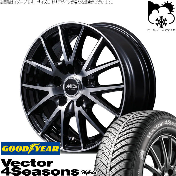 グッドイヤー ベクター4シーズンズ ハイブリッド 185/65R15 ＋ MIDホイール SQ27 BP ブラックポリッシュ 15インチ 6.0J +45 5H100P オールシーズン・ホイール4本セット。1枚目。