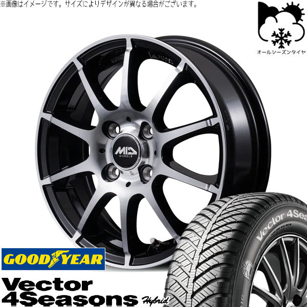 グッドイヤー ベクター4シーズンズ ハイブリッド 185/55R16 ＋ MIDホイール STAG BP ブラックポリッシュ 16インチ 6.0J +43 4H100P オールシーズン・ホイール4本セット。1枚目。