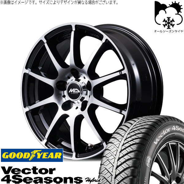 グッドイヤー ベクター4シーズンズ ハイブリッド 205/50R17 ＋ MIDホイール STAG BP ブラックポリッシュ 17インチ 7.0J +53 5H114.3P オールシーズン・ホイール4本セット。1枚目。