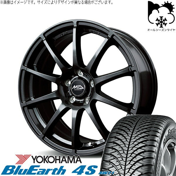 ヨコハマタイヤ ブルーアース4S AW21 225/60R18 ＋ MIDホイール スタッグ ストロングガンメタ 18インチ 7J +55 5H114.3P オールシーズン・ホイール4本セット。1枚目。