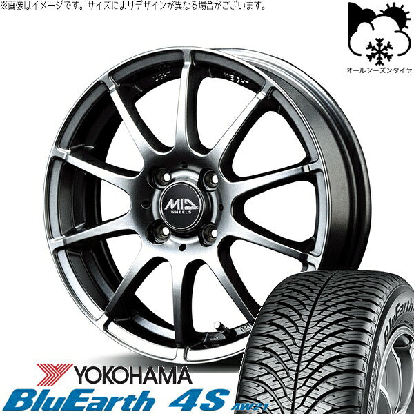 ヨコハマタイヤ ブルーアース4S AW21 195/55R16 ＋ MIDホイール スタッグ メタリックグレー 16インチ 6J +43 4H100P オールシーズン・ホイール4本セット。1枚目。