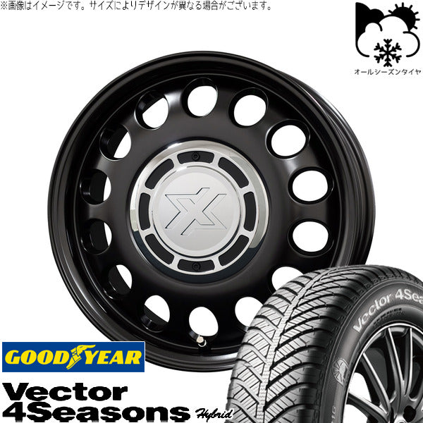 グッドイヤー ベクター4シーズンズ ハイブリッド 175/65R15 ＋ クロスブラッド スティール サテンブラック 15インチ 6J +42 4H100P オールシーズン・ホイール4本セット。1枚目。