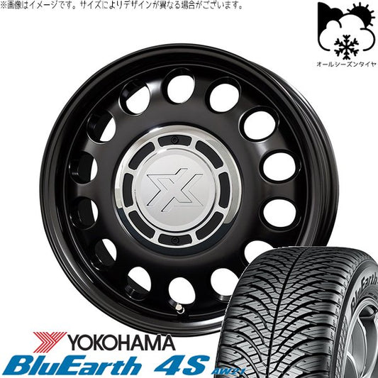 ヨコハマタイヤ ブルーアース4S AW21 195/65R15 ＋ クロスブラッド スティール サテンブラック 15インチ 6J +42 4H100P オールシーズン・ホイール4本セット。1枚目。