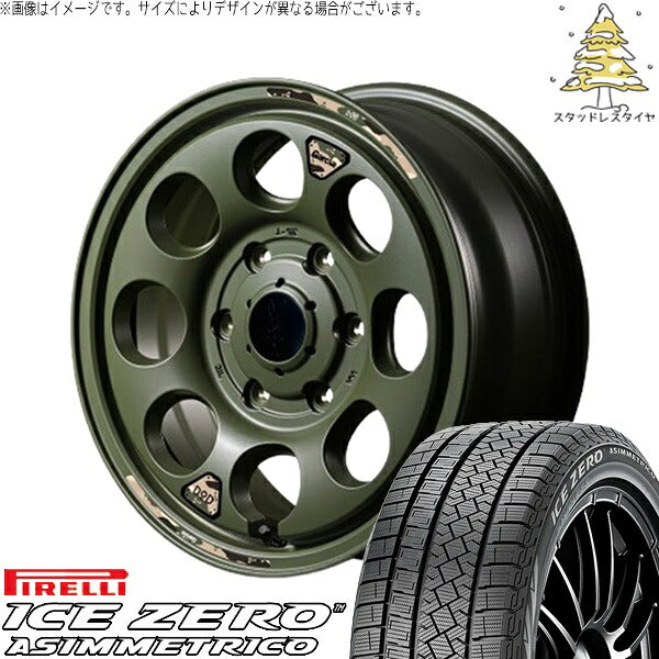 ピレリ アイスゼロアシンメトリコ (ICEZERO ASIMMETRICO) 215/65R16 ＋ MIDホイール x DOD ウシャリン セミグロスODグリーン 16インチ 6.5J +38 6H139.7P スタッドレス・ホイール4本セット。1枚目。