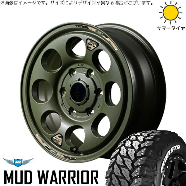 モンスタタイヤ マッドウォーリアー (MUD WARRIOR) 215/70R16 ＋ MIDホイール x DOD ウシャリン セミグロスODグリーン 16インチ 6.5J +38 6H139.7P サマー・ホイール4本セット。1枚目。