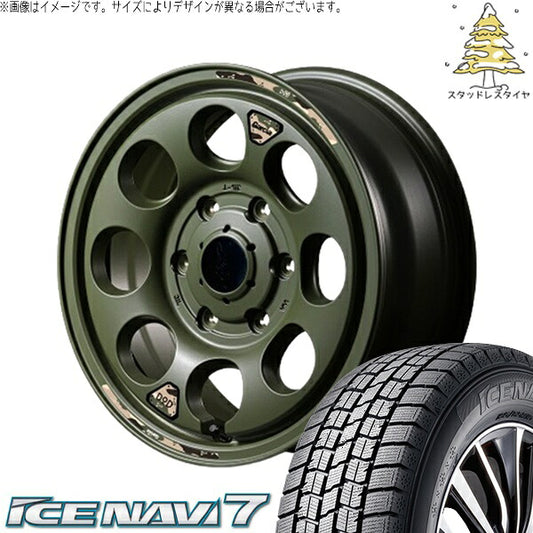 グッドイヤー アイスナビ7 215/70R15 ＋ MIDホイール x DOD ウシャリン セミグロスODグリーン 15インチ 6J +33 6H139.7P スタッドレス・ホイール4本セット。1枚目。