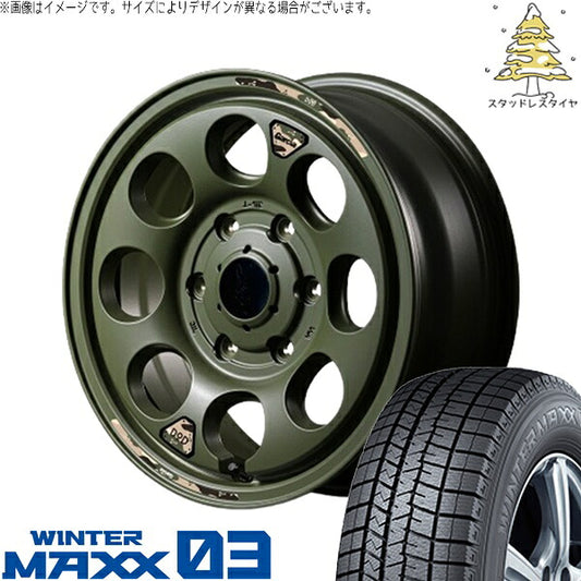 ダンロップ ウィンターマックス03 215/70R15 ＋ MIDホイール x DOD ウシャリン セミグロスODグリーン 15インチ 6J +33 6H139.7P スタッドレス・ホイール4本セット。1枚目。