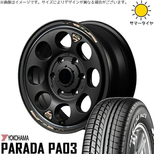 ヨコハマタイヤ パラダ PA03 215/70R15 ＋ MIDホイール x DOD ウシャリン セミグロスブラック/リム 15インチ 6J +33 6H139.7P サマー・ホイール4本セット。1枚目。