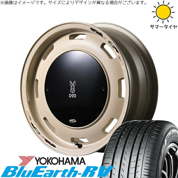 ヨコハマタイヤ ブルーアース RV03 165/60R15 ＋ MIDホイール x DOD ウシャリントバリ セミグロスサンドベージュ 15インチ 4.5J +45 4H100P サマー・ホイール4本セット。1枚目。
