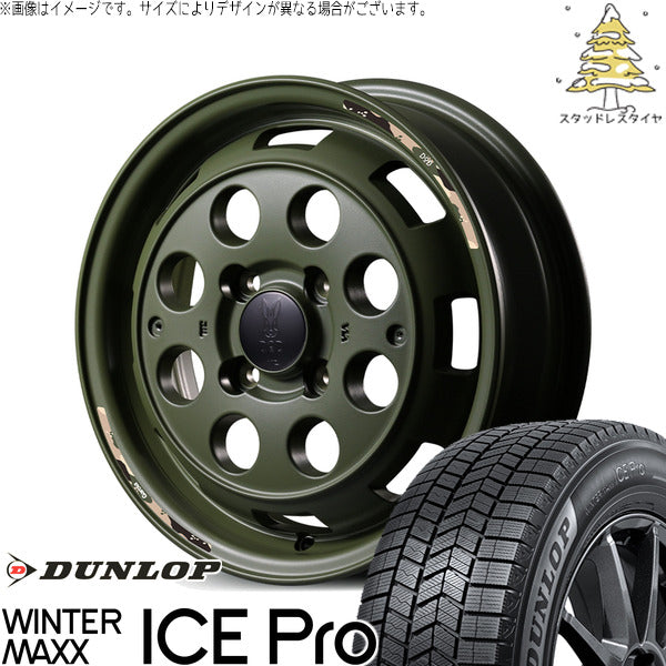 ダンロップ ウィンターマックス ICE Pro 155/65R14 ＋ MIDホイール x DOD ウシャリントバリ セミグロスODグリーン 14インチ 4.5J +45 4H100P スタッドレス・ホイール4本セット。1枚目。