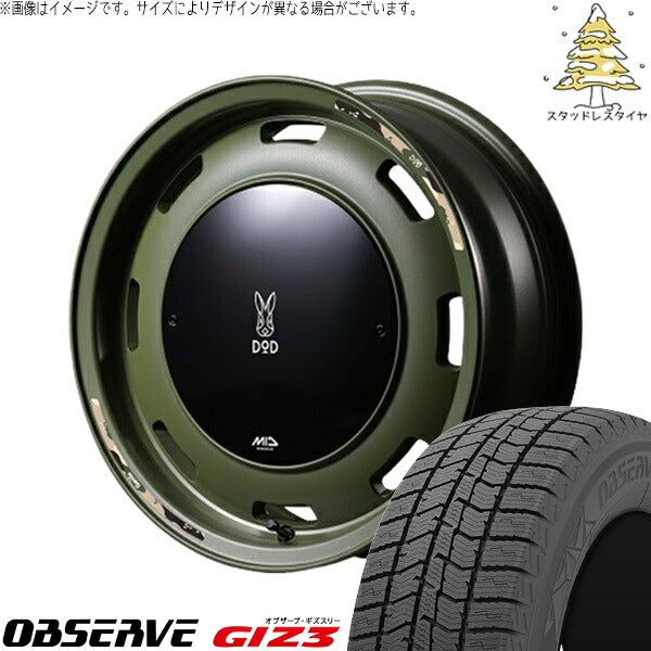 トーヨータイヤ オブザーブ ギズスリー (OBSERVE GIZ3) 165/70R14 ＋ MIDホイール x DOD ウシャリントバリ セミグロスODグリーン 14インチ 4.5J +45 4H100P スタッドレス・ホイール4本セット。1枚目。