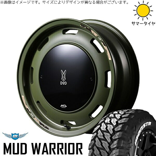 モンスタタイヤ マッドウォーリアー (MUD WARRIOR) 215/70R16 ＋ MIDホイール x DOD ウシャリントバリ セミグロスODグリーン 16インチ 5.5J +20 5H139.7P サマー・ホイール4本セット。1枚目。