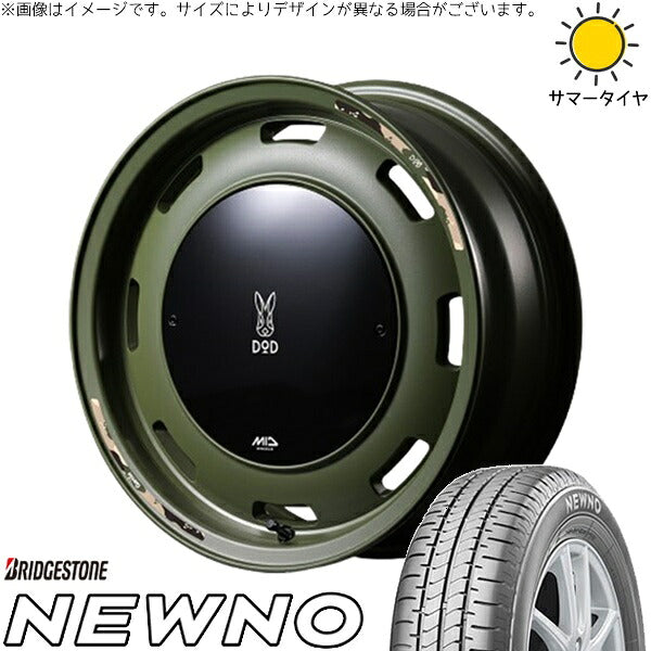 ブリヂストン ニューノ 165/70R14 ＋ MIDホイール x DOD ウシャリントバリ セミグロスODグリーン 14インチ 4.5J +45 4H100P サマー・ホイール4本セット。1枚目。