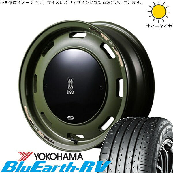 ヨコハマタイヤ ブルーアース RV03 175/65R15 ＋ MIDホイール x DOD ウシャリントバリ セミグロスODグリーン 15インチ 4.5J +45 4H100P サマー・ホイール4本セット。1枚目。