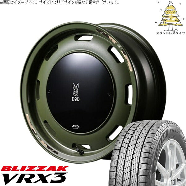 ブリヂストン ブリザック VRX3 165/55R14 ＋ MIDホイール x DOD ウシャリントバリ セミグロスODグリーン 14インチ 4.5J +45 4H100P スタッドレス・ホイール4本セット。1枚目。