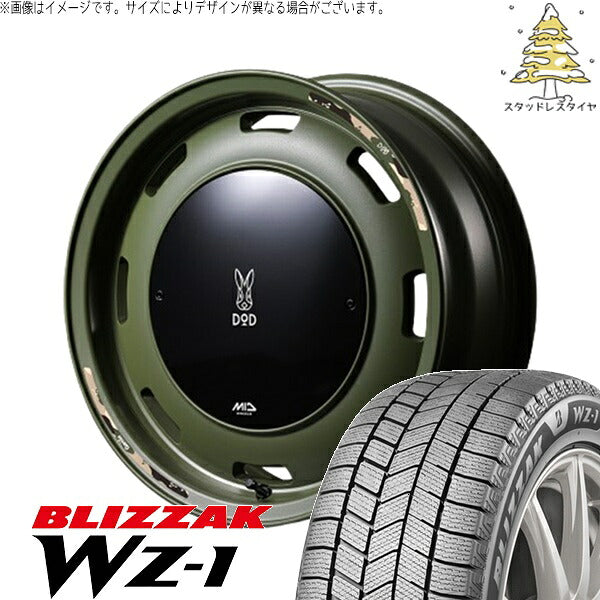 ブリヂストン ブリザック WZ-1 165/65R14 ＋ MIDホイール x DOD ウシャリントバリ セミグロスODグリーン 14インチ 4.5J +45 4H100P スタッドレス・ホイール4本セット。1枚目。