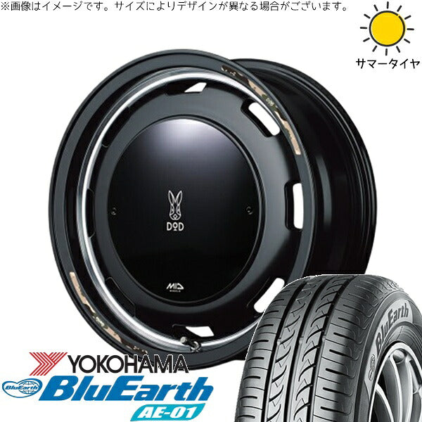 ヨコハマタイヤ ブルーアース AE01 165/55R15 ＋ MIDホイール x DOD ウシャリントバリ セミグロスブラック 15インチ 4.5J +45 4H100P サマー・ホイール4本セット。1枚目。