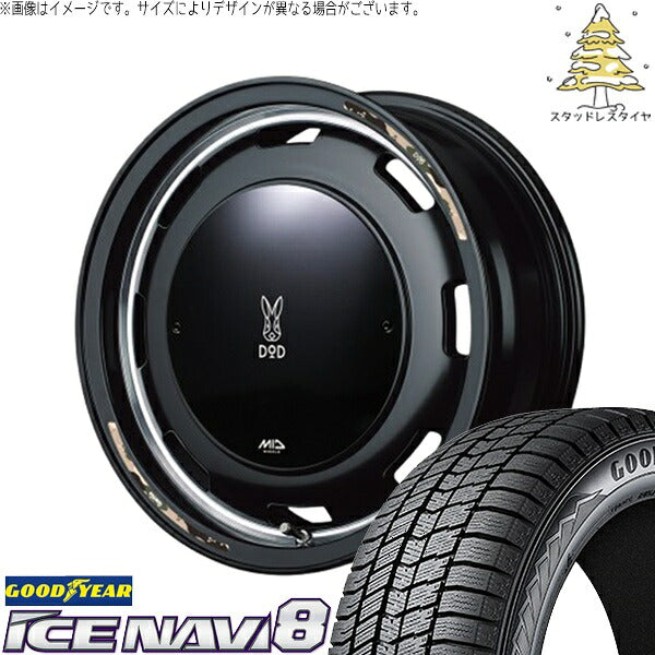 グッドイヤー アイスナビ8 165/55R15 ＋ MIDホイール x DOD ウシャリントバリ セミグロスブラック 15インチ 4.5J +45 4H100P スタッドレス・ホイール4本セット。1枚目。