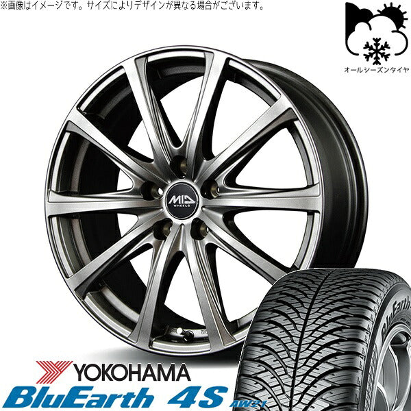 ヨコハマタイヤ ブルーアース4S AW21 225/55R18 ＋ MIDホイール V25 メタリックグレー 18インチ 7.5J +53 5H114.3P オールシーズン・ホイール4本セット。1枚目。