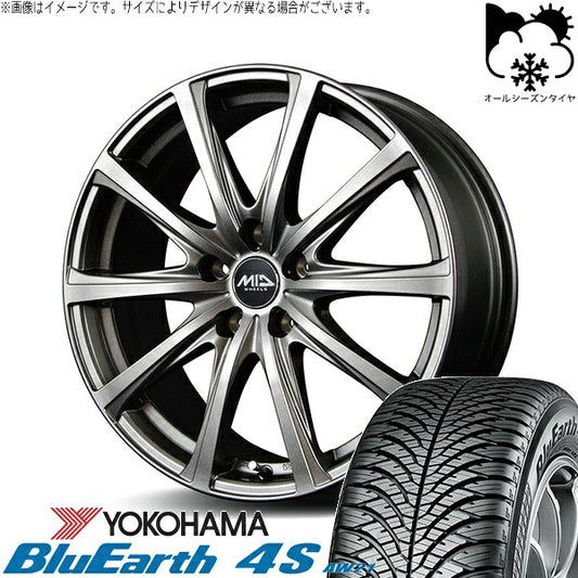 ヨコハマタイヤ ブルーアース4S AW21 225/50R18 ＋ MIDホイール V25 メタリックグレー 18インチ 7.5J +53 5H114.3P オールシーズン・ホイール4本セット。1枚目。