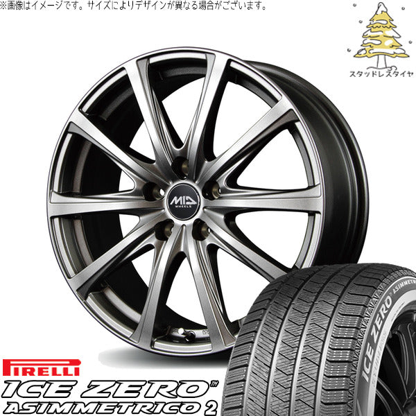 ピレリ アイスゼロアシンメトリコ2 225/45R18 ＋ MIDホイール V25 メタリックグレー 18インチ 7.5J +53 5H114.3P スタッドレス・ホイール4本セット。1枚目。