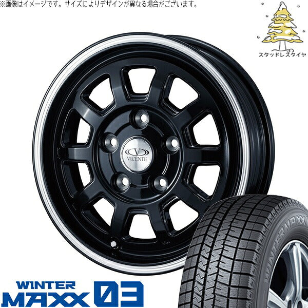ダンロップ ウィンターマックス03 155/70R13 ＋ ヴィセンテ06-NE ブラックポリッシュライン 13インチ 4J +40 4H100P スタッドレス・ホイール4本セット。1枚目。
