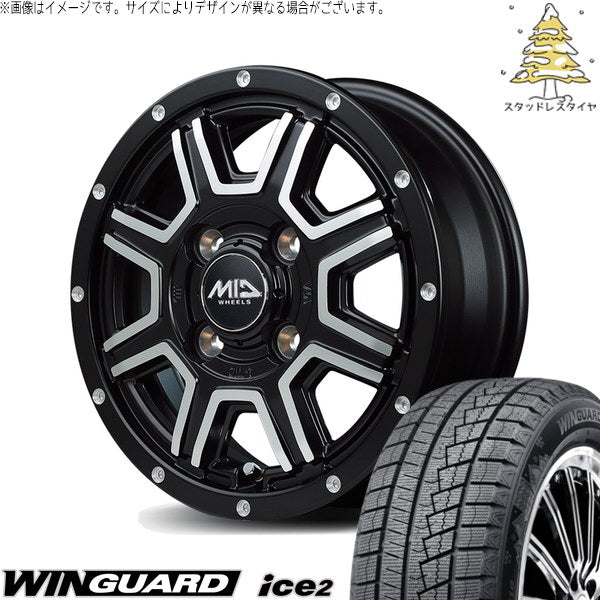 ネクセン ウィンガード アイス2 165/55R14 ＋ MIDホイール ロードマックス WF8 セミグロスブラック/ディスクポリッシュ 14インチ 4.5J +43 4H100P スタッドレス・ホイール4本セット。1枚目。