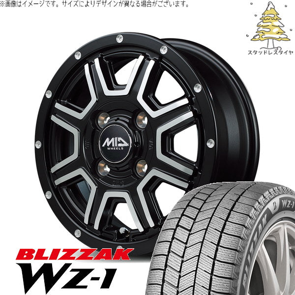 ブリヂストン ブリザック WZ-1 155/65R14 ＋ MIDホイール ロードマックス WF8 セミグロスブラック/ディスクポリッシュ 14インチ 4.5J +43 4H100P スタッドレス・ホイール4本セット。1枚目。