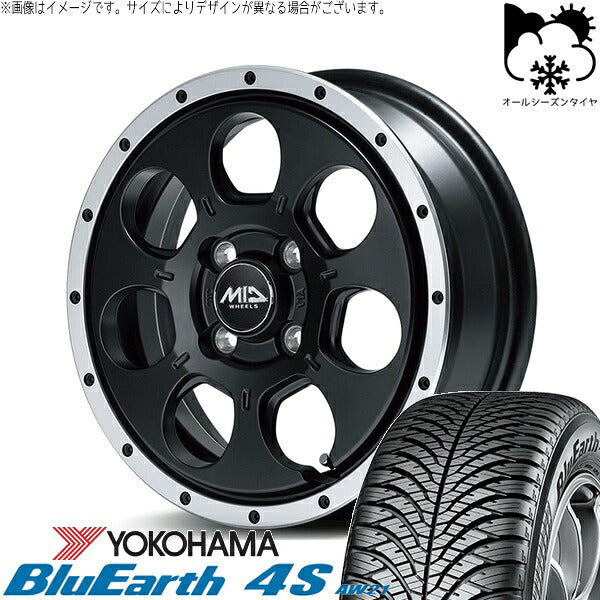 ヨコハマタイヤ ブルーアース4S AW21 165/65R14 ＋ MIDホイール ロードマックス WO-7 セミグロスブラックフランジDC 14インチ 4.5J +45 4H100P オールシーズン・ホイール4本セット。1枚目。